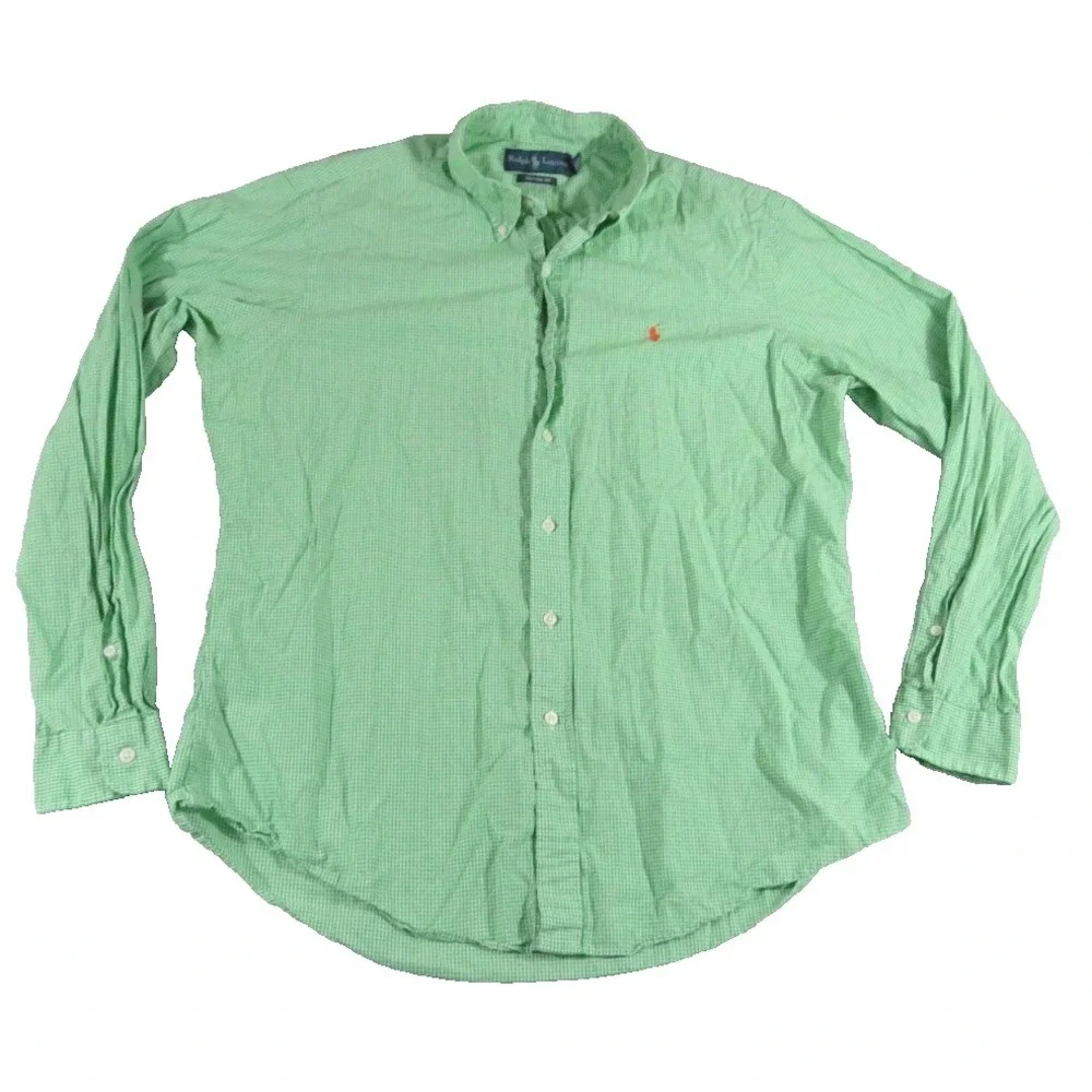 Polo Ralph Lauren Shirt Men L Green White Gingham Check Custom Fit Orange Pony